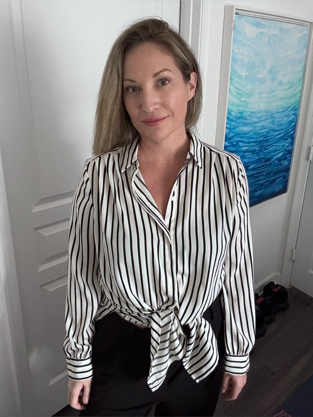 Express Black and Cream Portofino Striped Long-Sleeve Button-Down Shirt
